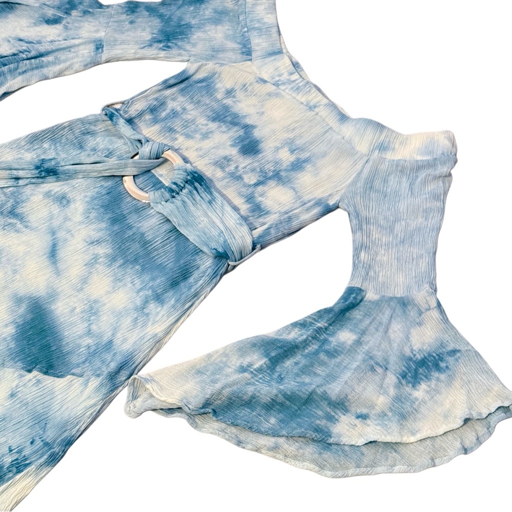 VENUS Sky Blue Tie Dye Bell Sleeve Belted Boho Mini Off Shoulder Rayon Size 6 - Picture 16 of 17